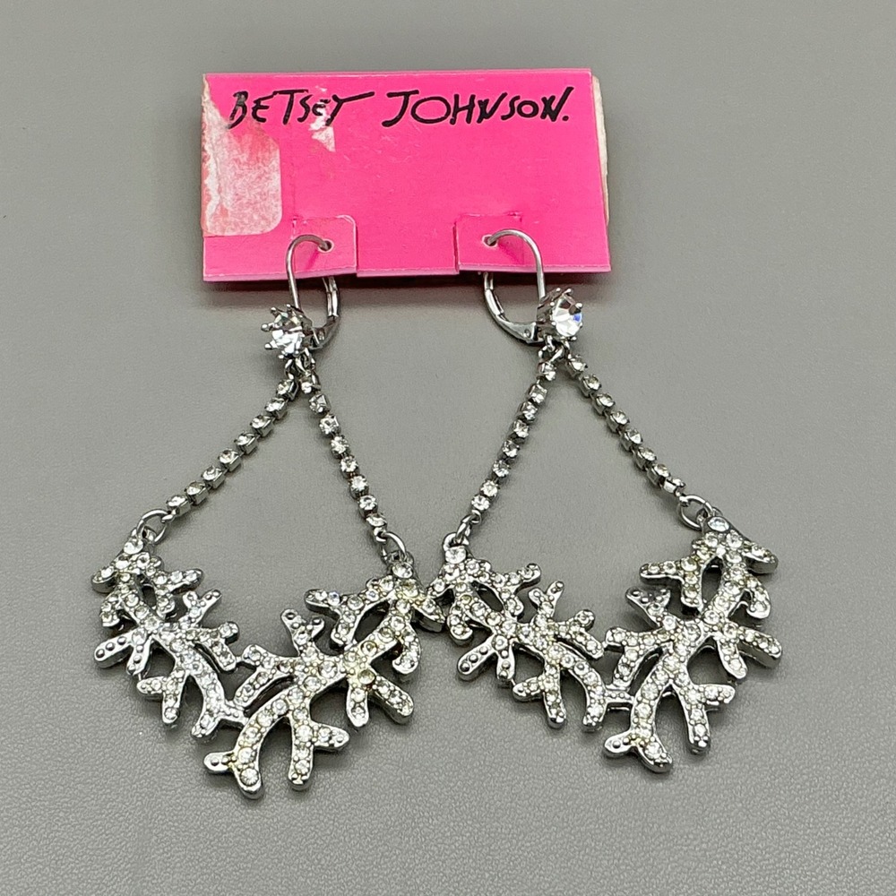 Betsey Johnson Earrings Women Silver Tone Rhinestone Coral Reef Dangle Drop